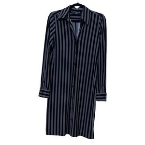 Norma Kamali Black & Gray Striped Shirt Dress‎ Button Front Long Sleeve Size M